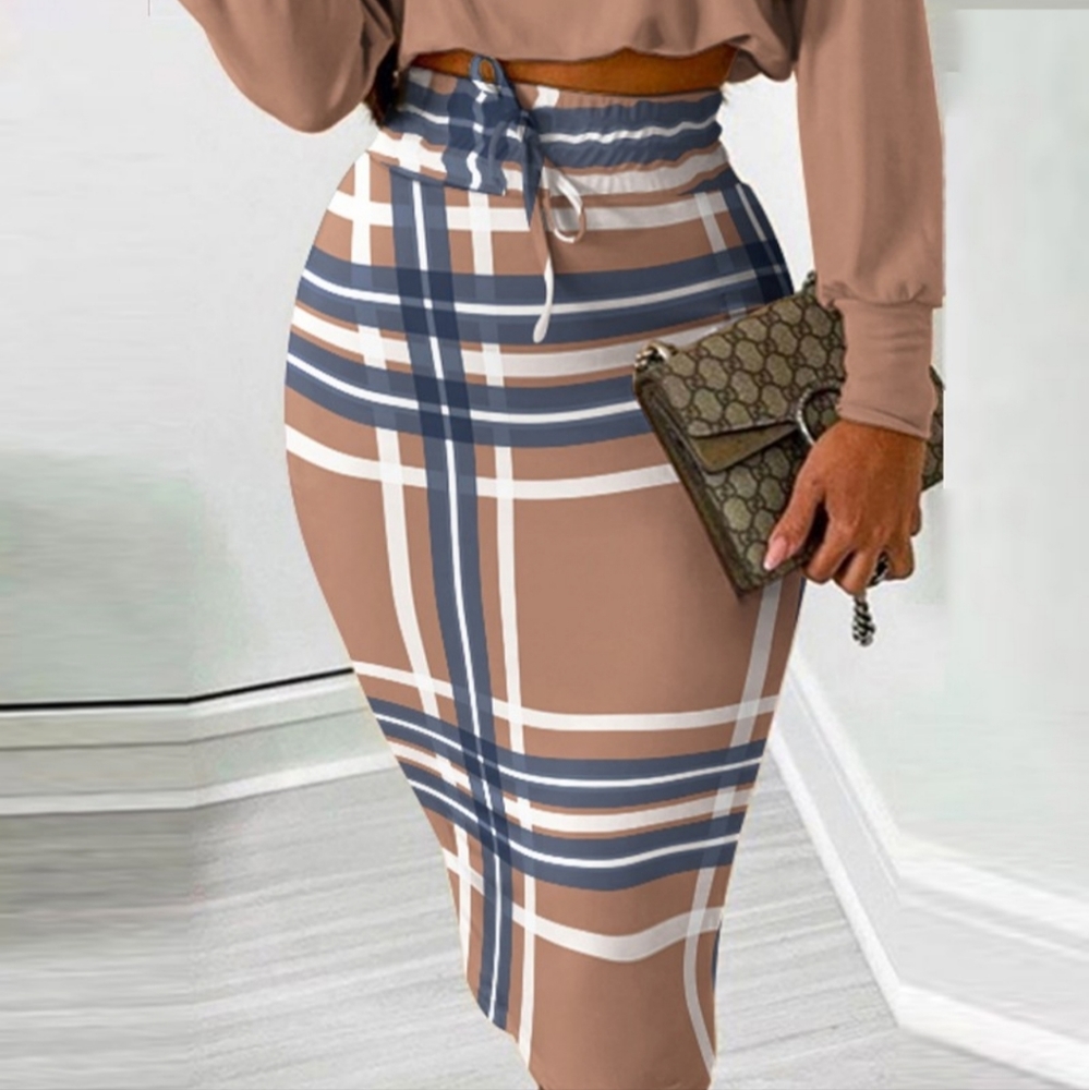 Mocha and Plaid Crop Top Skirt Set - Picture 2 of 6
